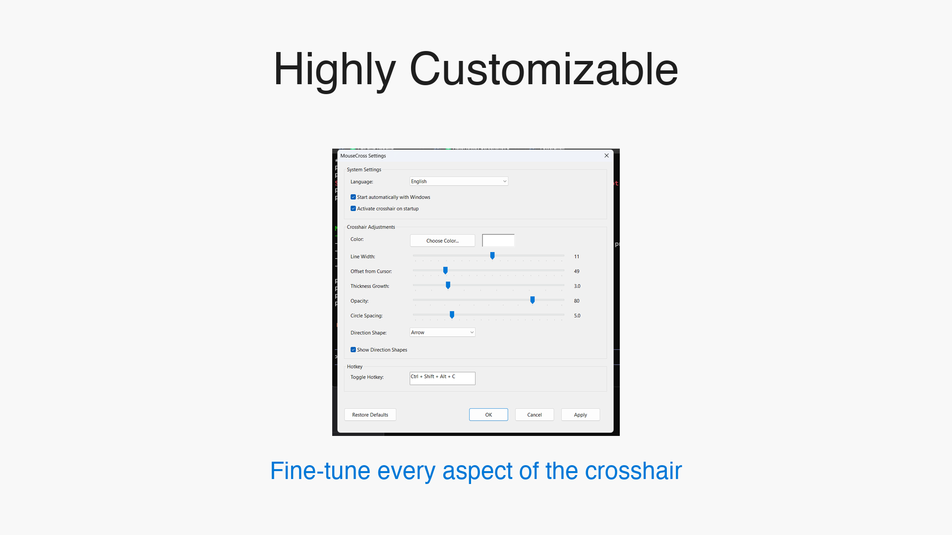 MouseCross settings on Windows